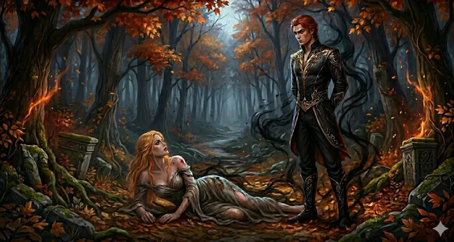A tense, shadowed confrontation in the autumn woods: a prone, wounded Morrigan looking up at a rigid, impassive Eris, conveying the heavy weight of unspoken truths locking them in a perpetual standoff.